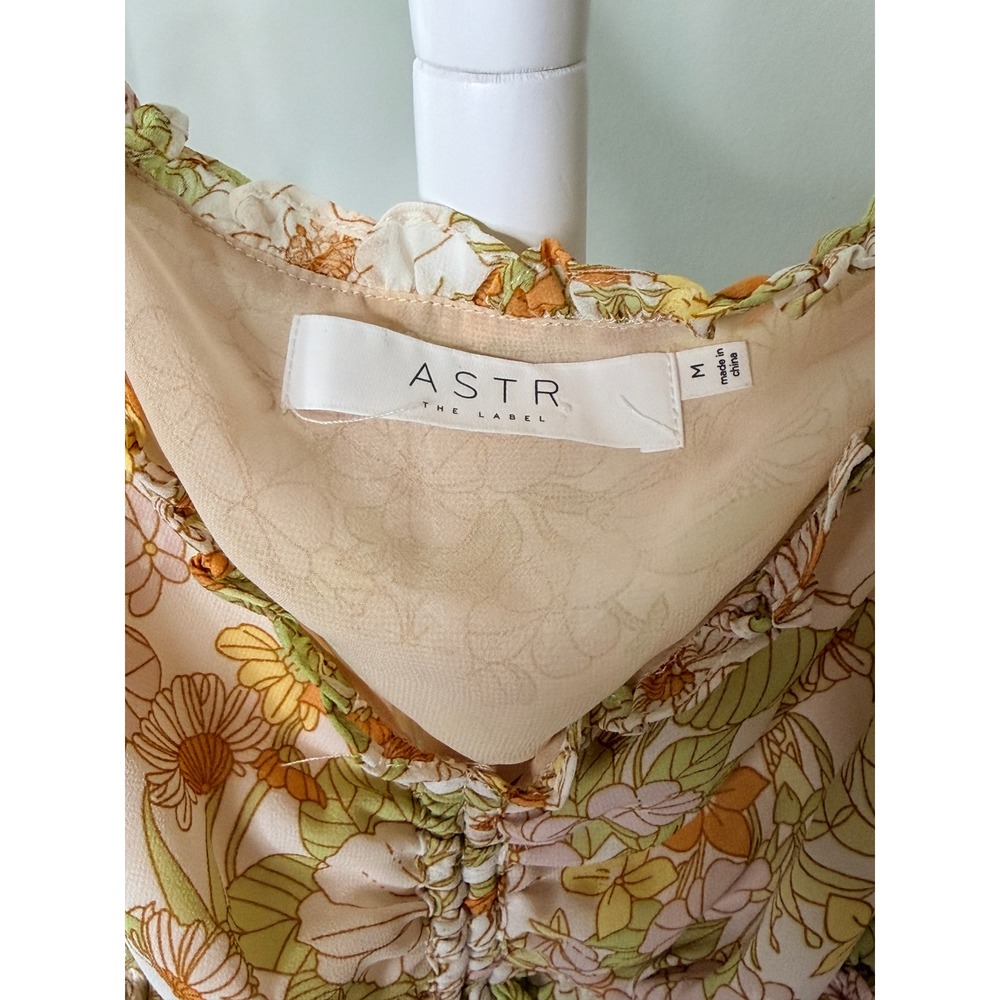 ASTR The Label Floral Puff Sleeve Ruched Crop Top Orange Yellow Green Womens M - Picture 5 of 6
